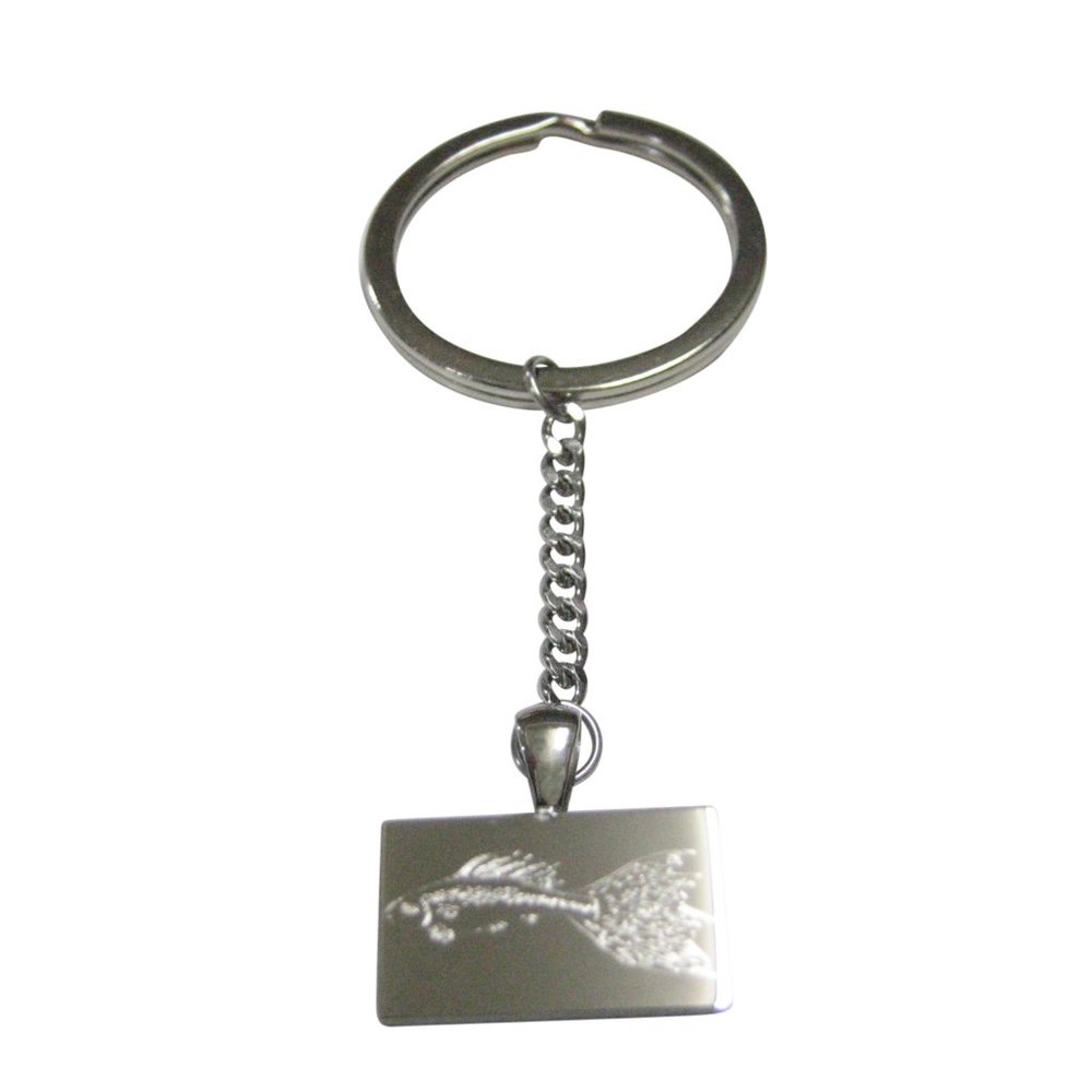 Silver Toned Rectangular Etched Guppy Fish Pendant Keychain